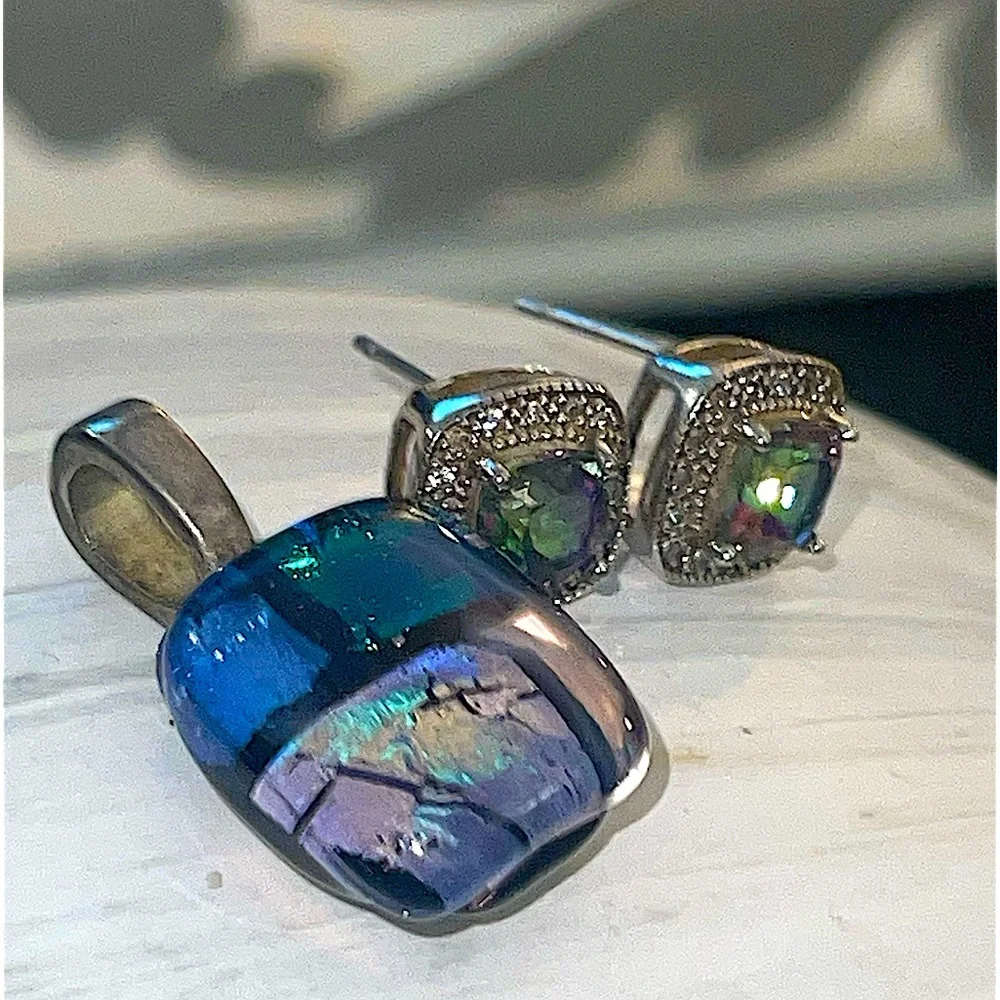 Mystic‎ Fire Topaz Cushion Cut Stud Earrings & Dichroic Fused Glass Foil Pendant